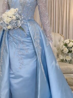 Elegant Light Blue Beaded Wedding Dress